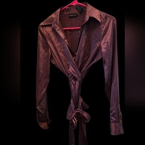 New York & Company Brown Wrap Satin Blouse Wrap Style Y2k